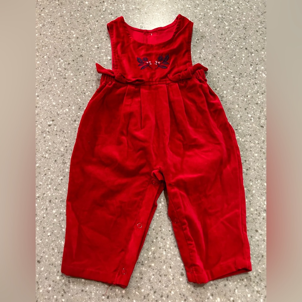 Vintage Baby Red  Velvet jumper with embroidery & bows size 3-6 months